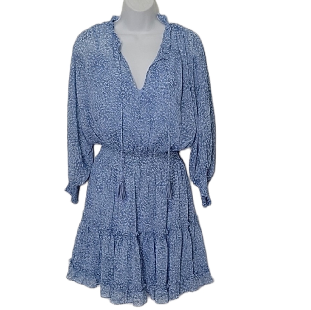 Love Stitch Smocked Puff Sleeve  Tiered Ruffled Hem Tassel Tie Mini Dres…